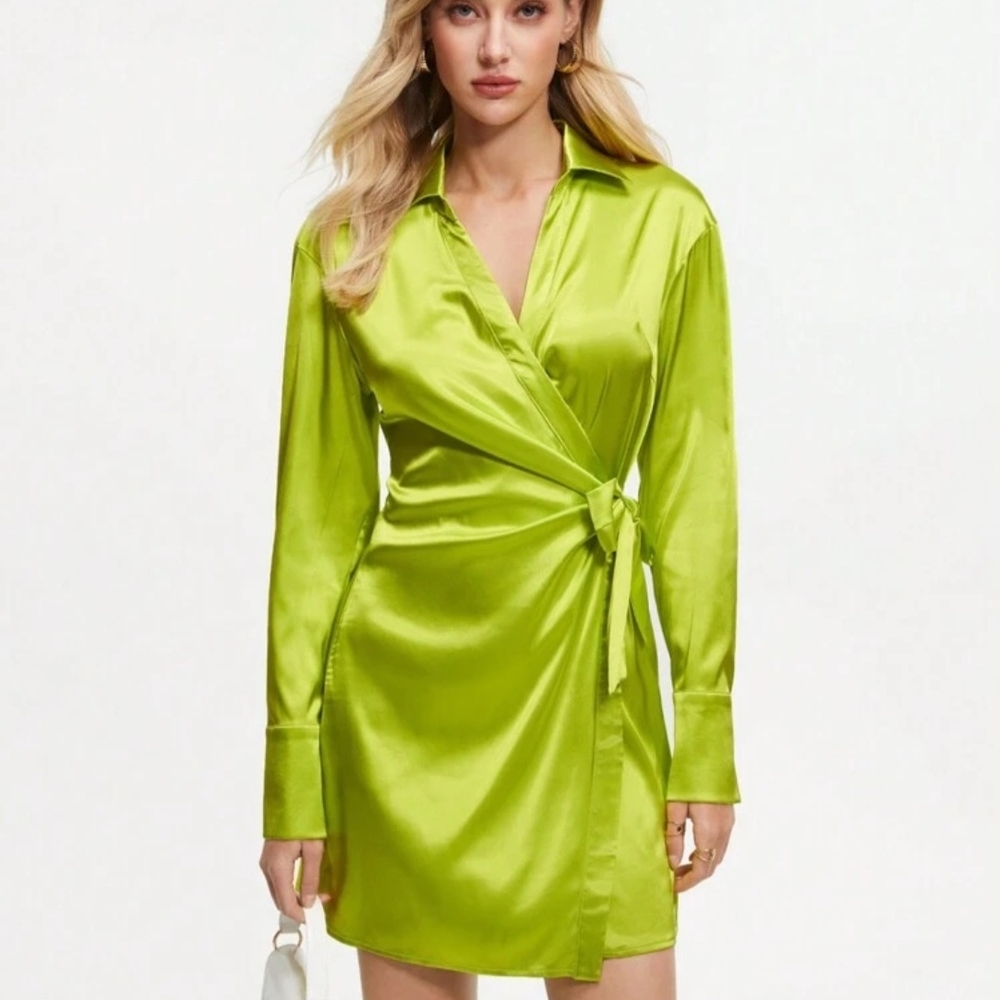 NWT Shein Elegant Lime Green Wrap Dress, Medium